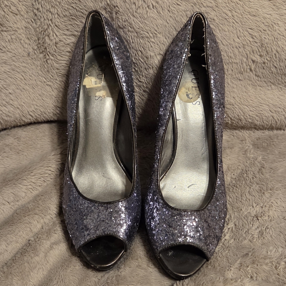 Guess Silver Glitter Peep Toe Heels Size 9 Lots Of Lufe Left Worn Maybe 7 Times